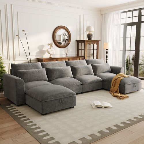 U-shaped Freely Transformable Modular Corner Sofa with Two Ottomans