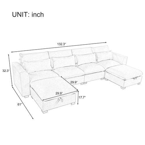 U-shaped Freely Transformable Modular Corner Sofa with Two Ottomans